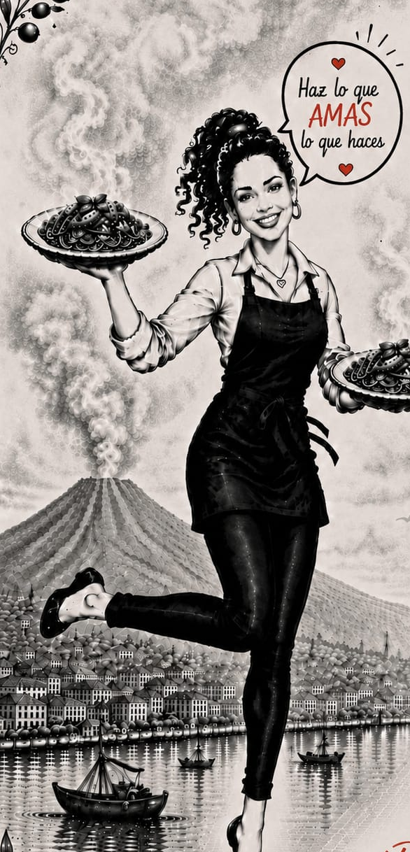 Ilustración de Anna la Italiana con dos platos de pasta frente al Vesubio
