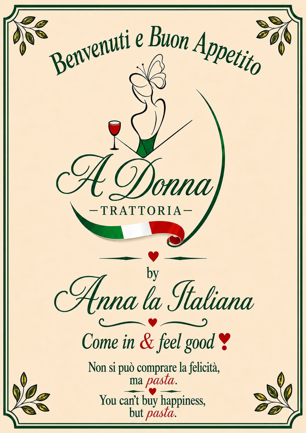 Cartel Benvenuti e Buon Appetito de A Donna Trattoria